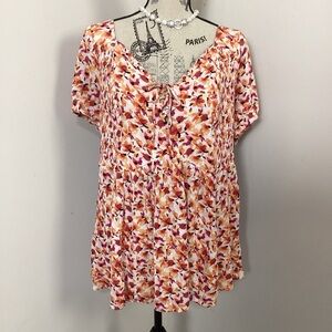 Torrid Women’s Orange & White Blouse with V-Neck Short Sleeves Shirred Back